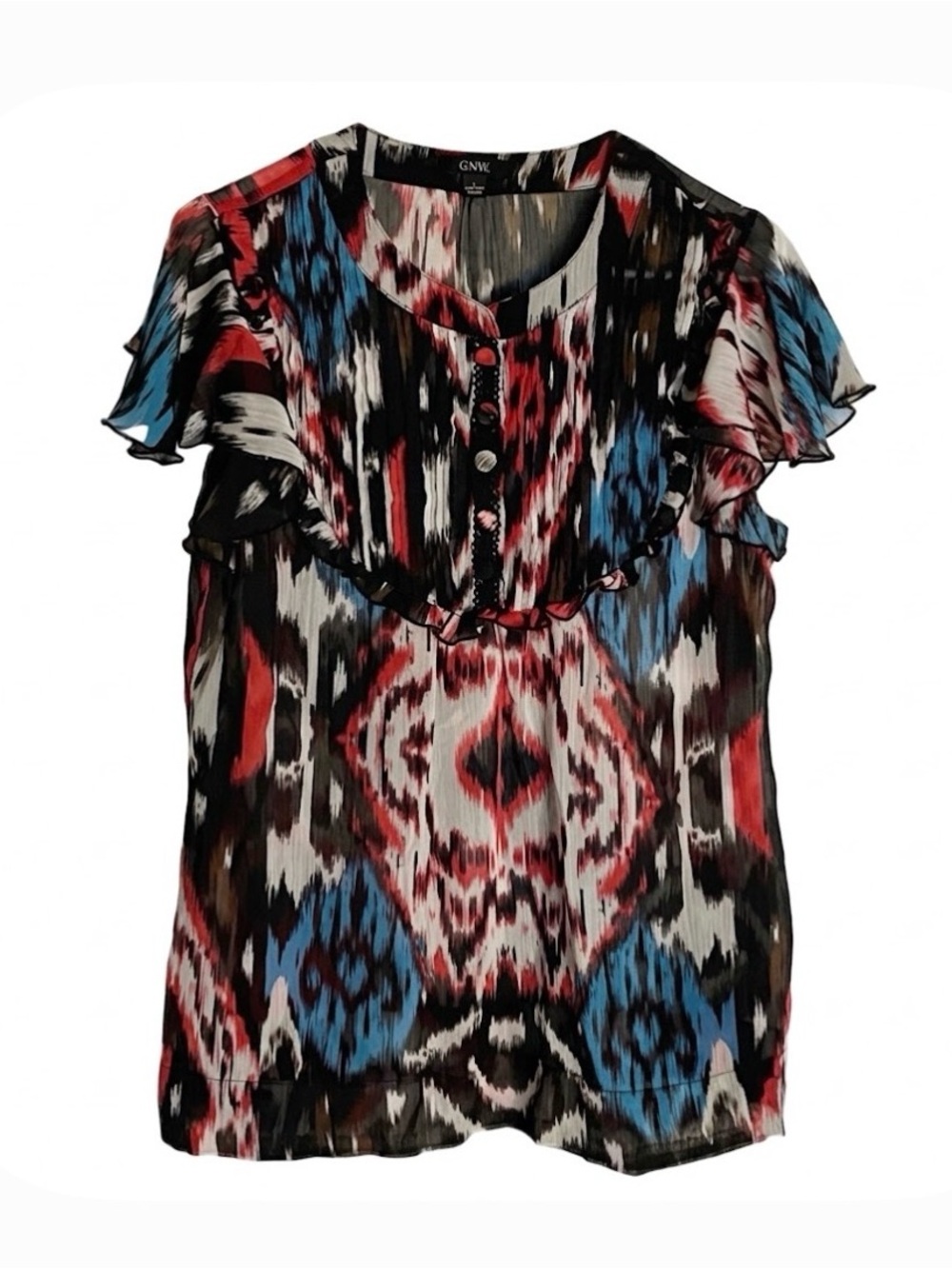 GNW Patterned Ruffle Sleeve Blouse, Women’s L, Black Red Blue